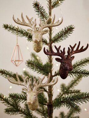 Set of 3 Glitter Reindeer Christmas Ornaments - Gold & Bronze Deer Decor